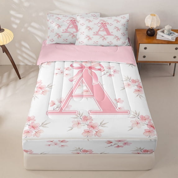 Manfei Pink Floral Zipper Twin Comforter Sets with Fitted Sheet and 2 Pillowcases,Girls Personalized Letter A Zipper Bedding Set,Pink Reversible4pcs