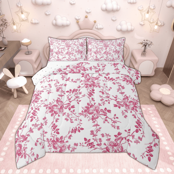 Manfei Pink Flower Queen Comforter Set, Spring Garden Floral Bedding Sets, Tropical Vintage Blossom Bedding Comforter Set, Breathable Home Decor Reversible 3-Piece