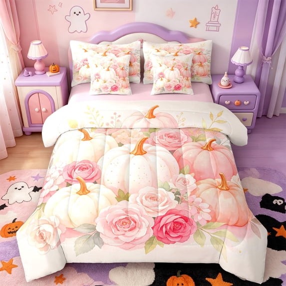 Manfei Pink Flowers Blossom 7 Pieces Full Size Bedding Sets,Cute Fall Pumpkin Full Size Bed in a Bag,Pink Reversible