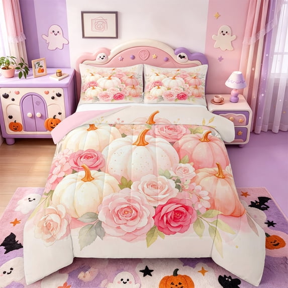 Manfei Pink Flowers Blossom King Size Comforter Sets,Cute Fall Pumpkin Comforters King Size,Pink Reversible,3-Piece,1 Comforter and 2 Pillowcases