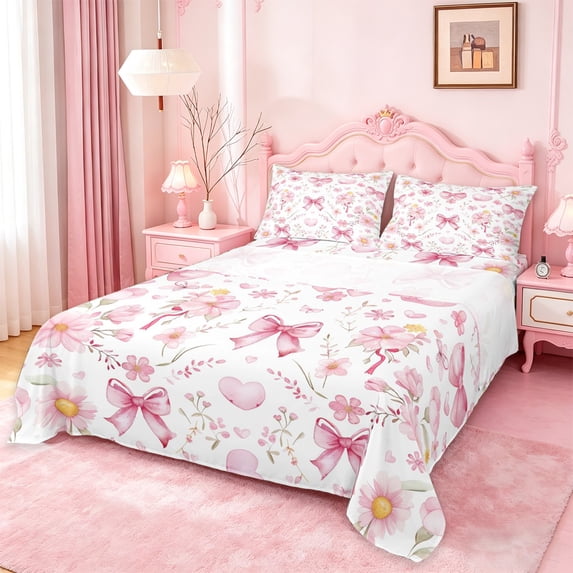 Manfei Pink Flowers Blossom Queen Sheet Sets For Girl,Chic Bow Tie Bed Set For Kids,4-Piece