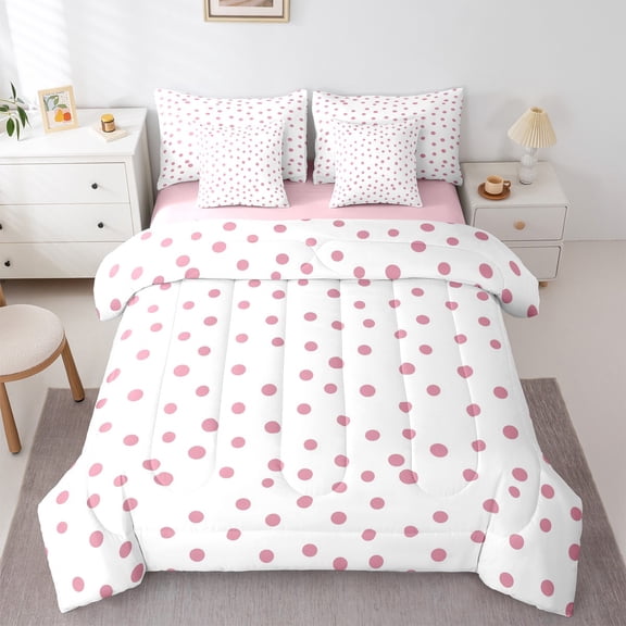 Manfei Pink French Dots 7-Piece Bedding Comforter Set,Geometric Circles King Bedding Sets,Polka Dot Bed Sheets,Microfiber Bedroom Decor Reversible