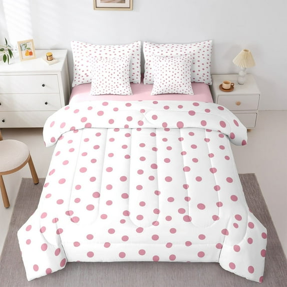 Manfei Pink French Dots 7 Pieces Bedding Comforter Set,Geometric Circles Full Bedding Set,Polka Dot Fitted Sheet Flat Sheet,Microfiber Bedroom Decor Reversible