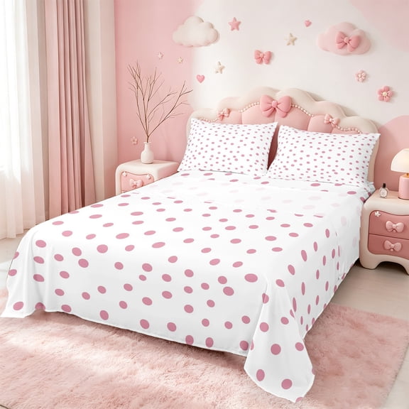 Manfei Pink French Dots Bed Sheets,Geometric Circles King Sheets,Polka Dot Sheet Set,Microfiber Bedroom Decor,4pcs