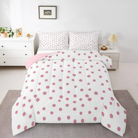 Manfei Pink French Dots Full Size Comforter Sets,Geometric Circles Bedding Comforter Set,Polka Dot Bedding Sets,Microfiber Bedroom Decor Reversible,3-Piece