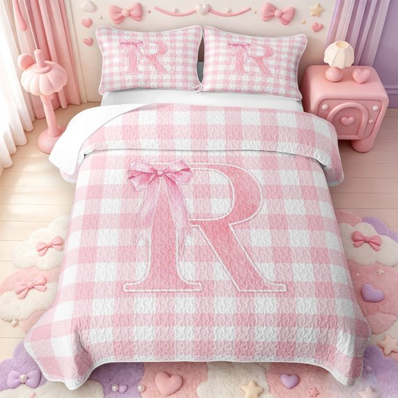 Manfei Pink Geometric Gingham Letter R Quilt Full,Personalized Monogrammed Gifts Full Bedspread Sets,3pcs,1 Coverlet and 2 Pillowcases