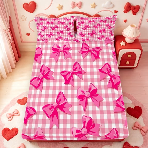 Manfei Pink Geometric Grid Fitted Sheet Full,Cartoon Bow Tie Bed Set,3 Pieces,1 Fitted Sheet and 2 Pillowcases