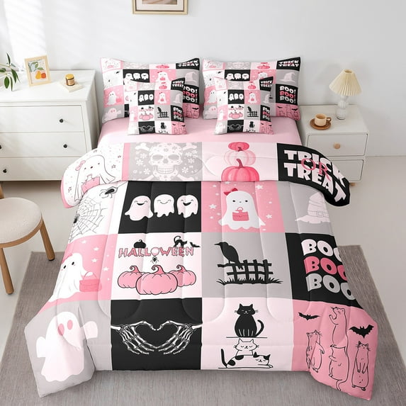 Manfei Pink Ghost Bedding Comforter Set 7pcs,Halloween Skull Skeleton Queen Bedding Sets,Trick Or Treat Queen Sheet Sets Children,Breathable Bedroom Decor Reversible