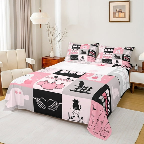 Manfei Pink Ghost Full Size Sheets,Halloween Skull Skeleton Bed Sheets,Trick Or Treat Sheet Sets Children,Breathable Bedroom Decor,4 Pieces