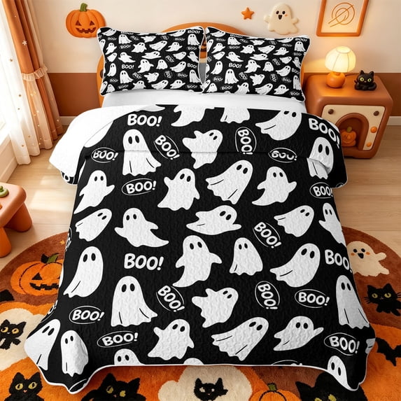 Manfei Pink Ghost Print Quilt King,Dark Aesthetic Halloween King Coverlet Set,3 Pieces,1 Bedspread and 2 Pillowcases