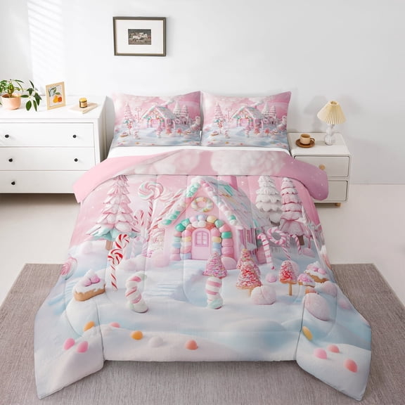 Manfei Pink Gingerbread House Bedding Comforter Set,Fairy Tale Theme Twin Comforter Sets,Sewwt Christmas Dessert Candy Bedding Set For Girls Teens,Super Cozy Room Decor Reversible,2pcs