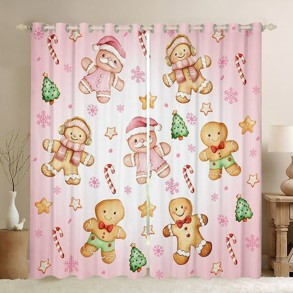 Manfei Pink Gingerbread Man Blackout Curtains Set of 2 (52x84 Each), Kawaii Christmas Dessert Window Curtains, Cartoon Theme Curtains and Drapes, Curtains and Drapes Home Decor