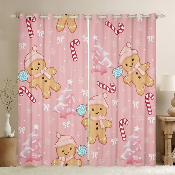 Manfei Pink Gingerbread Man Blackout Curtains Set of 2 (52x84 Each), Kawaii Christmas Dessert Window Curtains, Cartoon Xmas Tree Curtains and Drapes, Curtains and Drapes Decor