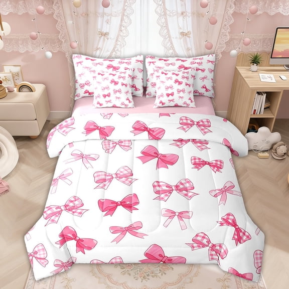Manfei Pink Gingham Bow Bedding Comforter Set for Girls, Cute Ribbon Bows King Bedding Sets, Pink Reversible, 7pcs