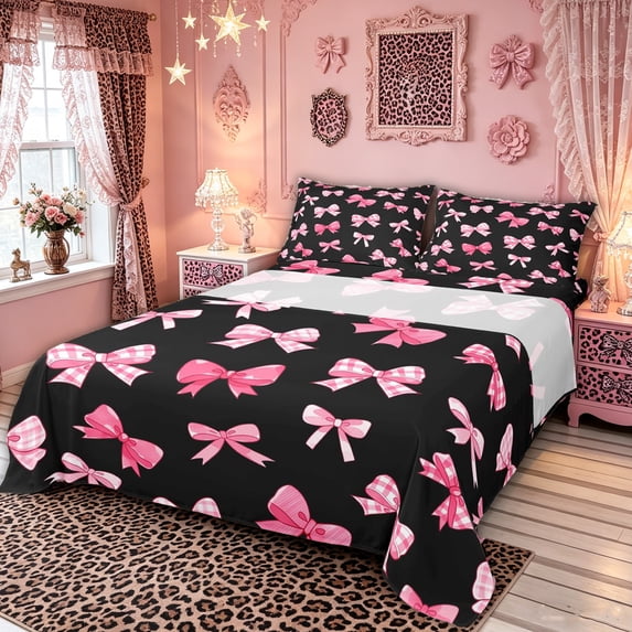 Manfei Pink Gingham Bow Black Print Queen Sheet Sets for Girls, Cute Ribbon Bows Bed Set, 4 Pieces