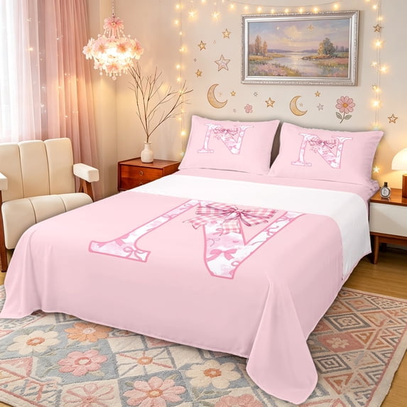 Manfei Pink Gingham Bow Letter N Full Size Sheets for Girls, Cute Initial Bed Sheets, 4 Pieces