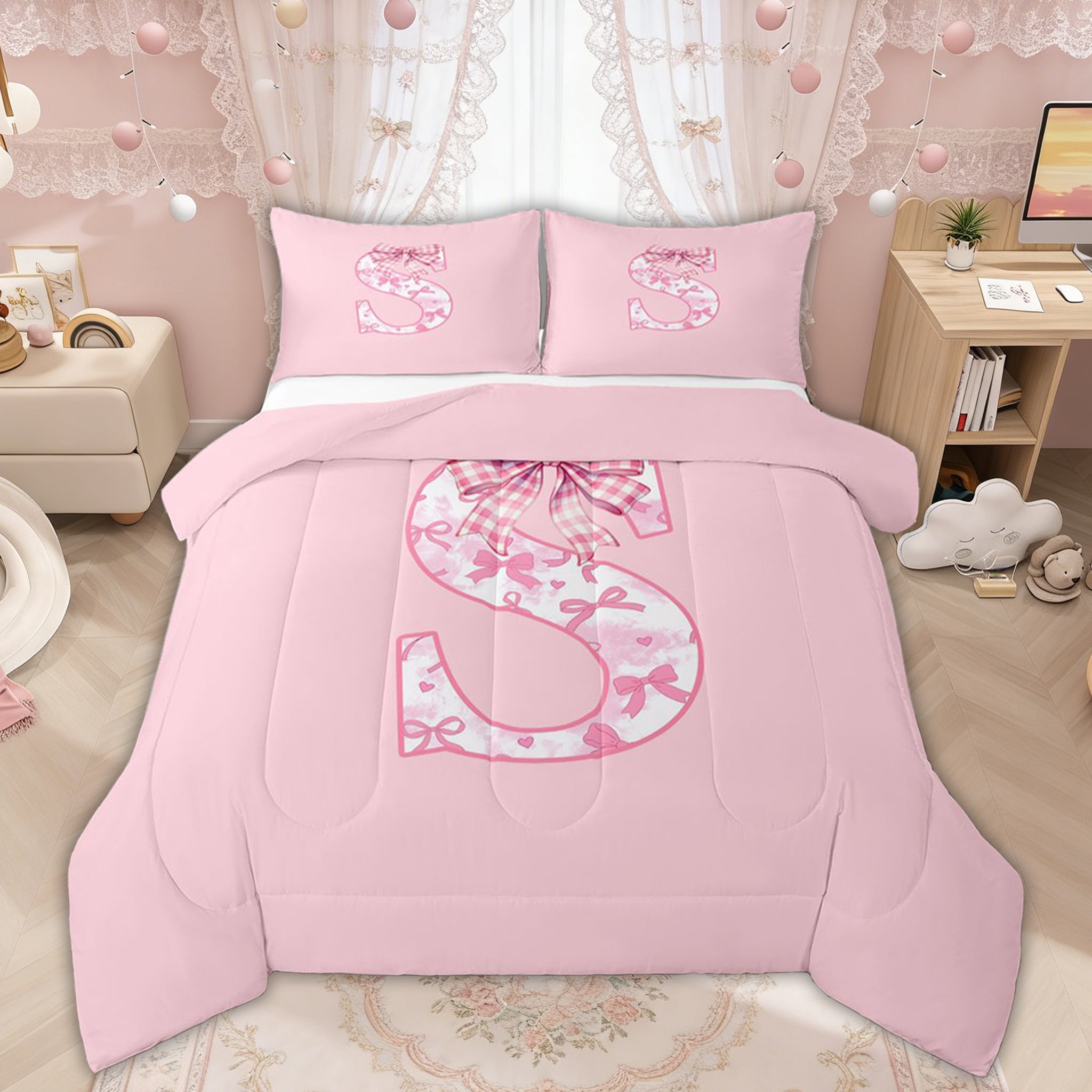 Pink Letter Set Manfei Pink Gingham Bow Letter S Full Size Comforter Sets for Girls ...