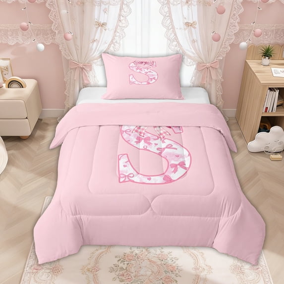 Manfei Pink Gingham Bow Letter S Twin Comforter Sets for Girls, Cute Initial Bedding Set, Pink Reversible, 2-Piece