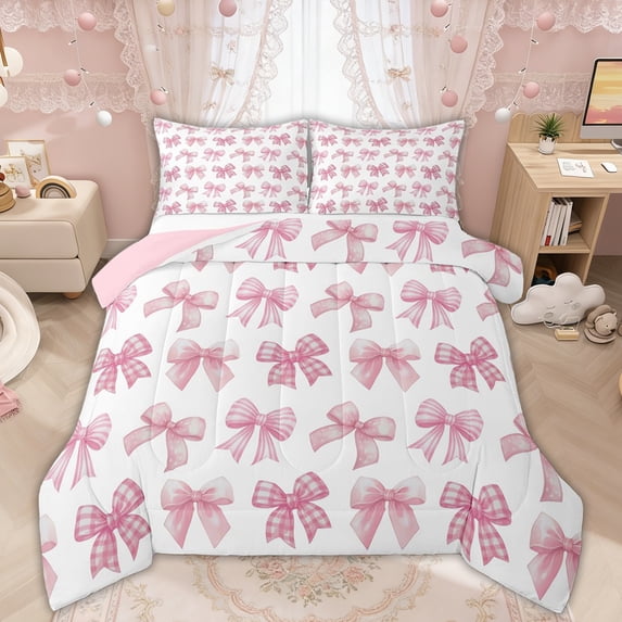 Manfei Pink Gingham Bow Print Full Size Comforter Sets for Girls, Cute Ribbon Bows Bedding Sets, Pink Reversible, 3 Pieces