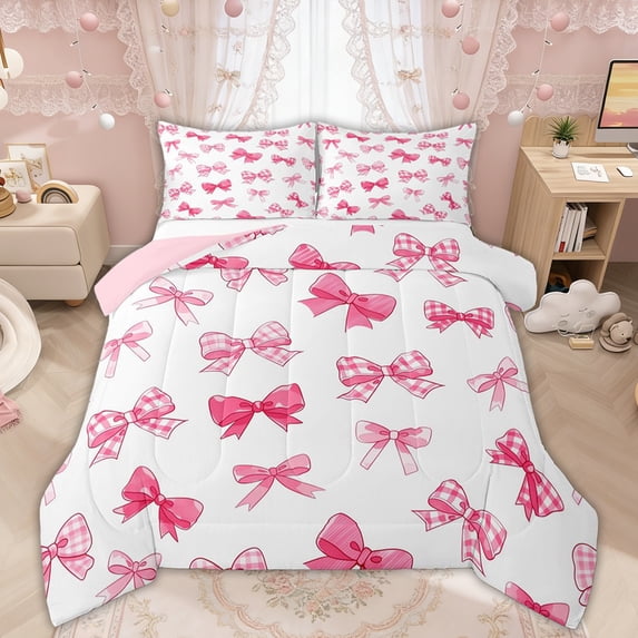Manfei Pink Gingham Bow Queen Comforter Set for Girls, Cute Ribbon Bows Bedding Comforter Set, Pink Reversible, 3pcs