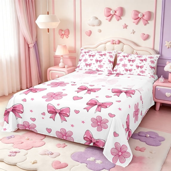 Manfei Pink Girly Bow Knot Bed Sheets,Cute Cartoon Flowers Full Size Sheets,4pcs,1 Flat Sheet,1 Fitted Sheet and 2 Pillowcases
