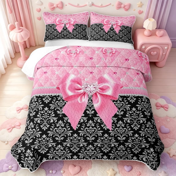 Manfei Pink Girly Bow Quilt Full,Retro Victorian Damask Full Bedspread Sets,3 Pieces,1 Coverlet and 2 Pillowcases