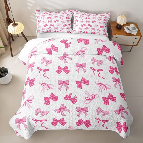 Manfei Pink Girly Bowknot Quilt King For Kids,Cartoon Ribbon Bow Tie King Coverlet Set,3-Piece