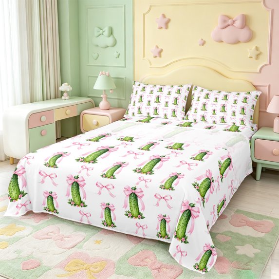 Manfei Pink Girly Bowtie Queen Sheets,Cute Cucumber Pattern Queen Sheet Sets,4 Pieces,1 Flat Sheet,1 Fitted Sheet and 2 Pillowcases