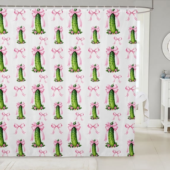 Manfei Pink Girly Bowtie Shower Curtain 72Wx78L,Cute Cucumber Pattern Bath Curtain
