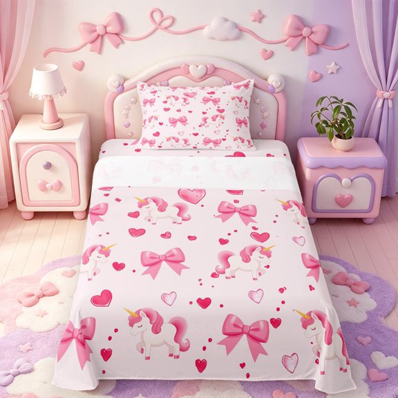 Manfei Pink Girly Bowtie Twin Sheets,3D Cartoon Unicorn Bedding,3-Piece,1 Flat Sheet,1 Fitted Sheet and 1 Pillowcase
