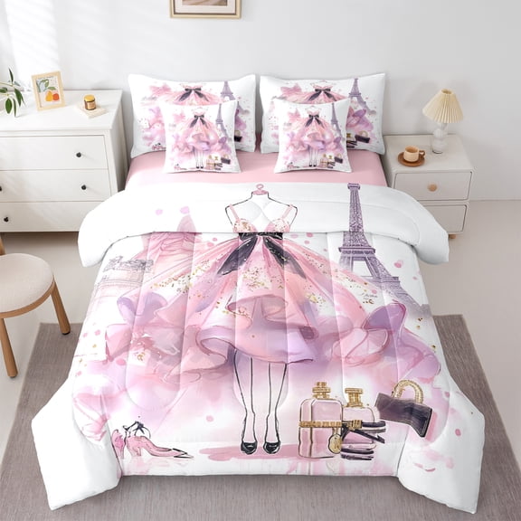 Manfei Pink Girly Dress 7-Piece Bedding Comforter Set,Romantic Makeup Themed King Bedding Sets,Eiffel Tower Perfume Bed Sheets For Princess,Microfiber Bedroom Decor Reversible