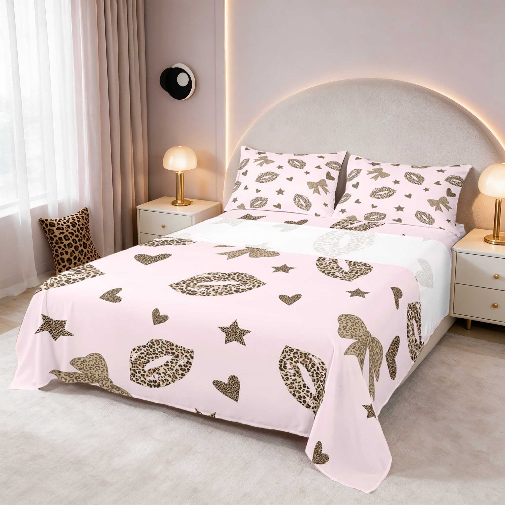 Manfei Pink Glam Doodle Bed Sheets, Leopard Heart Star Full Size Sheets ...