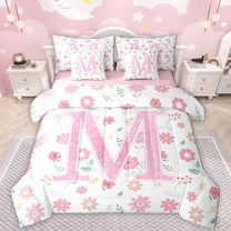 Manfei Pink Glitter Print 7-Piece Twin Bedding Sets,Chic Flower Daisy Bedding Comforter Set,First Letter M Sheet Sets For Girls,Super Cozy Room Decor Reversible