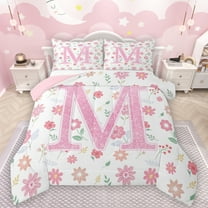 Manfei Pink Glitter Print Bedding Comforter Set,Chic Flower Daisy Twin Comforter Sets,First Letter M Bedding Set For Girls,Super Cozy Room Decor Reversible,2-Piece