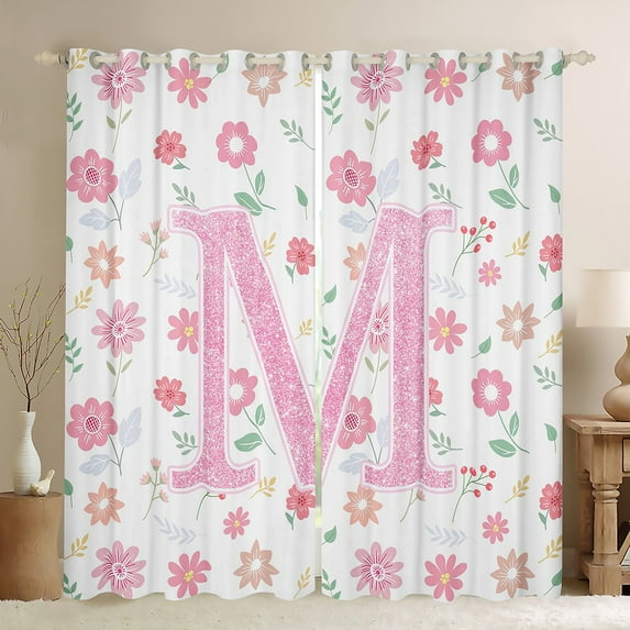 Manfei Pink Glitter Print Black Out Curtains,Chic Flower Daisy Curtains Pack of 2 (42x63 Each),First Letter M Bedroom Curtains For Girls,Super Cozy Room Decor