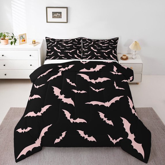 Manfei Pink Gothic Bat Queen Comforter Set for Teens, Cartoon Spooky Halloween Bedding Sets, Horror Animal Reversible Bedding Comforter Set, Luxury Bedroom Decor, 3 Pieces