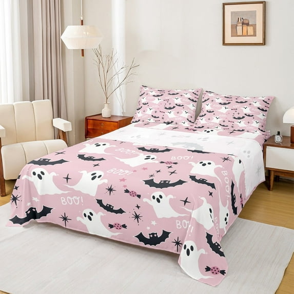 Manfei Pink Gothic Halloween Bed Sheets Set Queen Size, Spooky Ghost Bed Sheets Queen, Bat Print Bedding Queen Size, Super Cozy Bedroom Decor, 4 Pieces