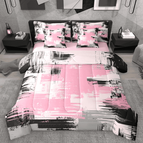 Manfei Pink Gray Black Ombre Twin Bedding Sets 7pcs, Abstract Oil Painting Bedding Comforter Set, Watercolor Gradient Sheet Sets, Luxury Bedroom Decor