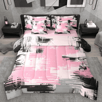 Manfei Pink Gray Black Ombre Twin Bedding Sets 7pcs, Abstract Oil Painting Bedding Comforter Set, Watercolor Gradient Sheet Sets, Luxury Bedroom Decor