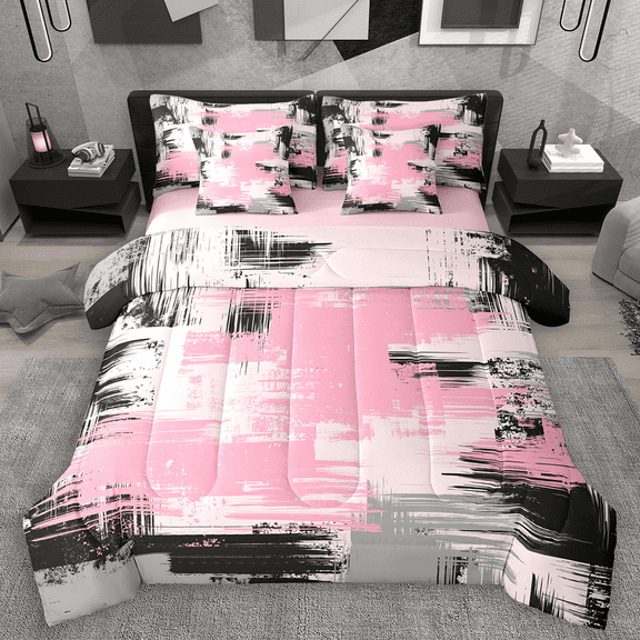 Manfei Pink Gray Black Ombre Twin Bedding Sets 7pcs, Abstract Oil Painting Bedding Comforter Set, Watercolor Gradient Sheet Sets, Luxury Bedroom Decor
