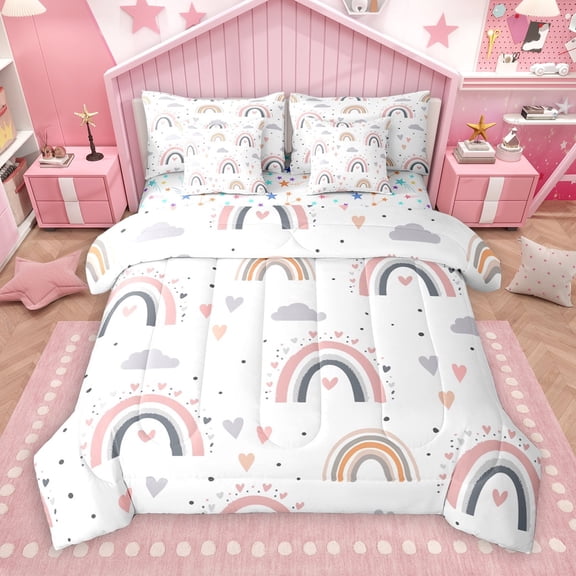 Manfei Pink Gray Rainbow 7 Pieces Bedding Comforter Set,Kawaii Loves Pattern Full Bedding Set,Fairy Tale Theme Fitted Sheet Flat Sheet For Girls,Super Cozy Room Decor Reversible