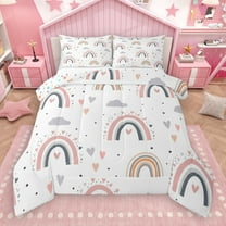 Manfei Pink Gray Rainbow Bedding Comforter Set,Kawaii Loves Pattern Twin Comforter Sets,Fairy Tale Theme Bedding Set For Girls,Super Cozy Room Decor Reversible,2pcs