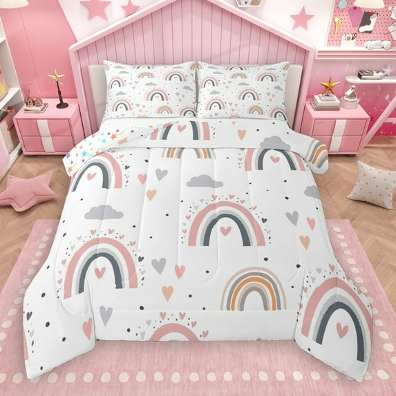 Manfei Pink Gray Rainbow Bedding Comforter Set,Kawaii Loves Pattern Twin Comforter Sets,Fairy Tale Theme Bedding Set For Girls,Super Cozy Room Decor Reversible,2pcs