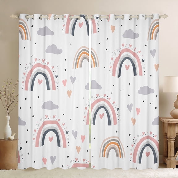 Manfei Pink Gray Rainbow Black Out Curtains,Kawaii Loves Pattern Curtains Pack of 2 (42x63 Each),Fairy Tale Theme Bedroom Curtains For Girls,Super Cozy Room Decor