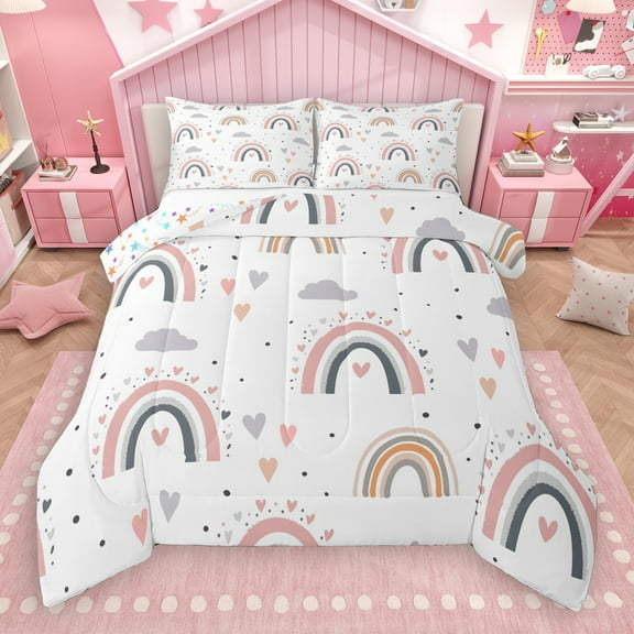 Manfei Pink Gray Rainbow Queen Comforter Set,Kawaii Loves Pattern Bedding Sets,Fairy Tale Theme Bedding Comforter Set For Girls,Super Cozy Room Decor Reversible,3 Pieces