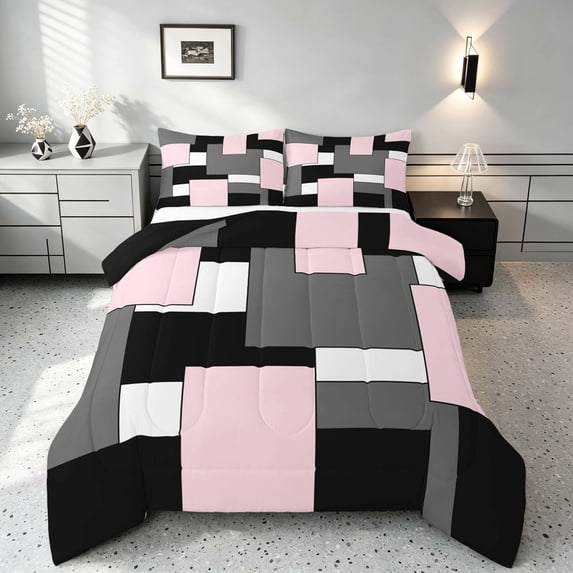 Manfei Pink Gray Square Full Size Comforter Sets, Minimalism Geometric Grid Bedding Comforter Set, Black Reversible 3pcs, 1 Comforter and 2 Pillowcases