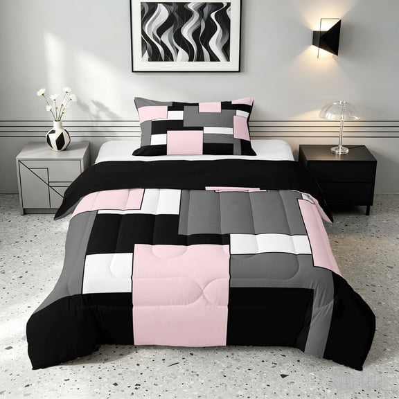 Manfei Pink Gray Square Twin Comforter Sets, Minimalism Geometric Grid Bedding Set, Black Reversible 2pcs, 1 Comforter and 1 Pillowcase