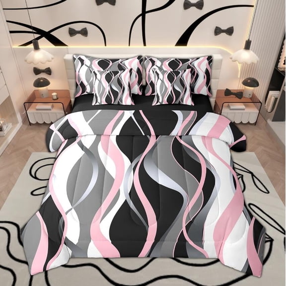 Manfei Pink Gray White Black Bedding Comforter Set 7 Pieces, Contemporary Geometric Full Bedding Set, Aesthetic Lines Stripes Fitted Sheet Flat Sheet, Super Cozy Room Decor
