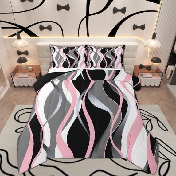 Manfei Pink Gray White Black Bedding Comforter Set, Contemporary Geometric Twin Comforter Sets, Aesthetic Lines Stripes Bedding Set, Super Cozy Room Decor, Reversible 2pcs