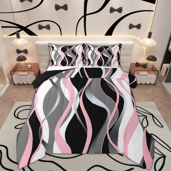 Manfei Pink Gray White Black Queen Comforter Set, Contemporary Geometric Bedding Sets, Aesthetic Lines Stripes Bedding Comforter Set, Super Cozy Room Decor, Reversible 3 Pieces